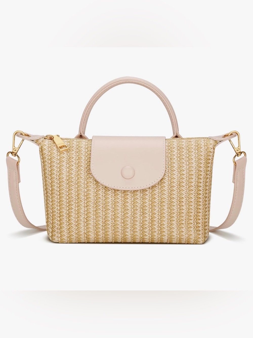 Straw Weave Top-Handle Bag in Blush Cream